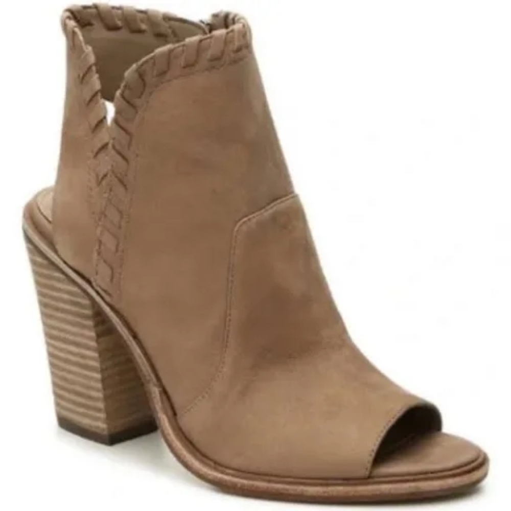 Vince Camuto Kicetta Booties Tan Leather Peep Toe Block Heel Open Toe Bootie
